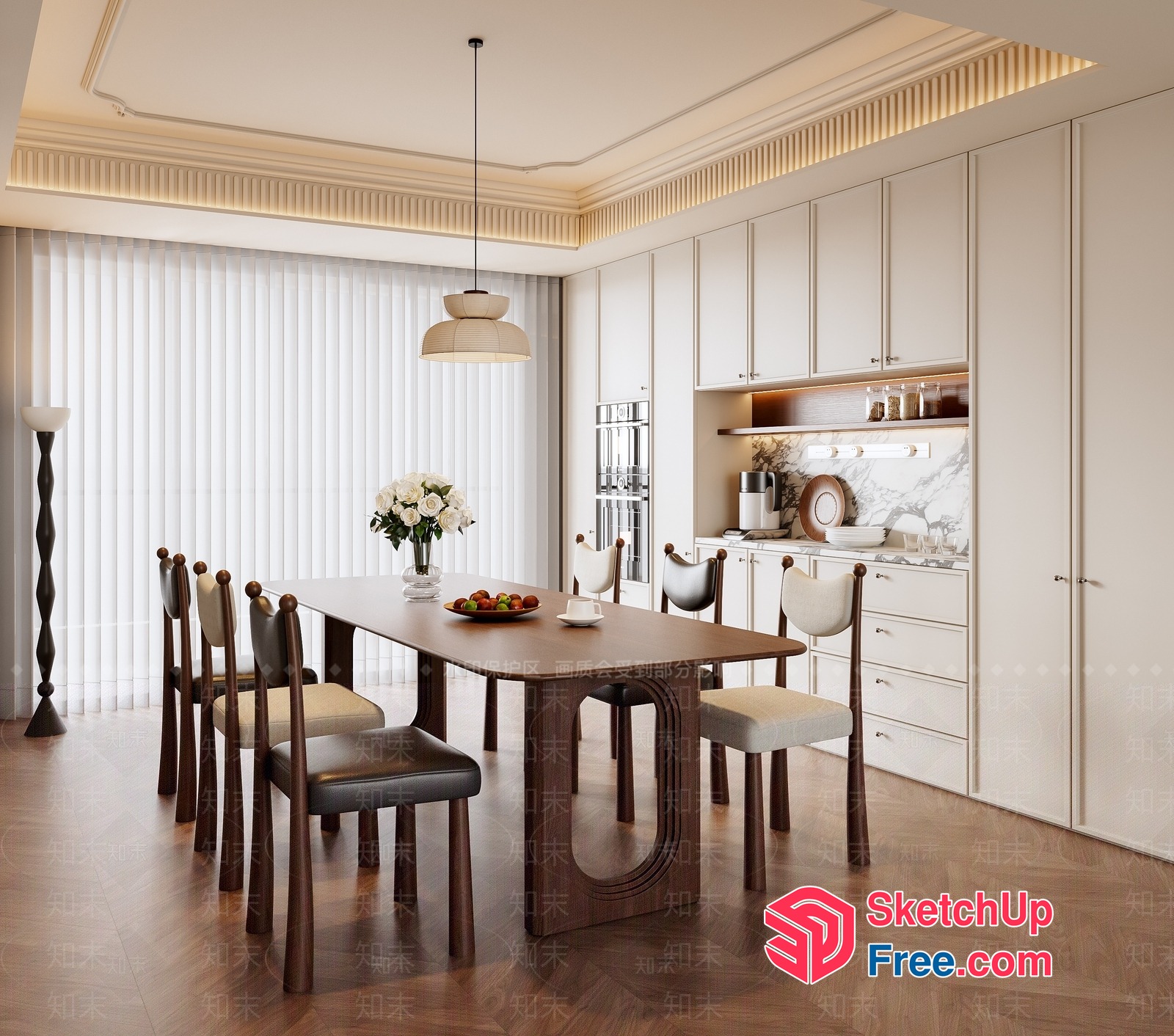 Modern Dining Room With White Walls And Wooden Furniture 3D SketchUp File