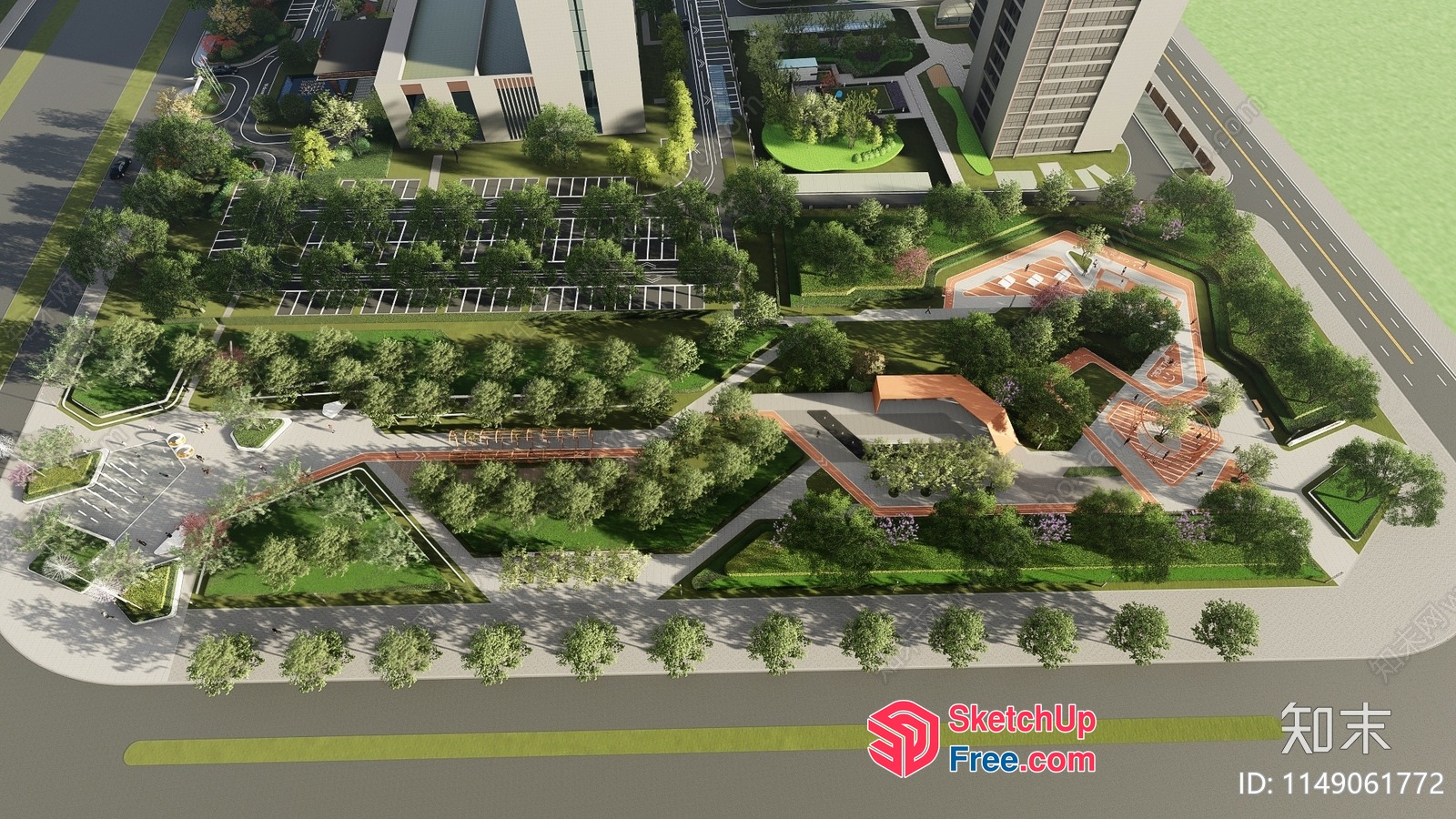 Modern Office Building With Park And Road 3D SketchUp File