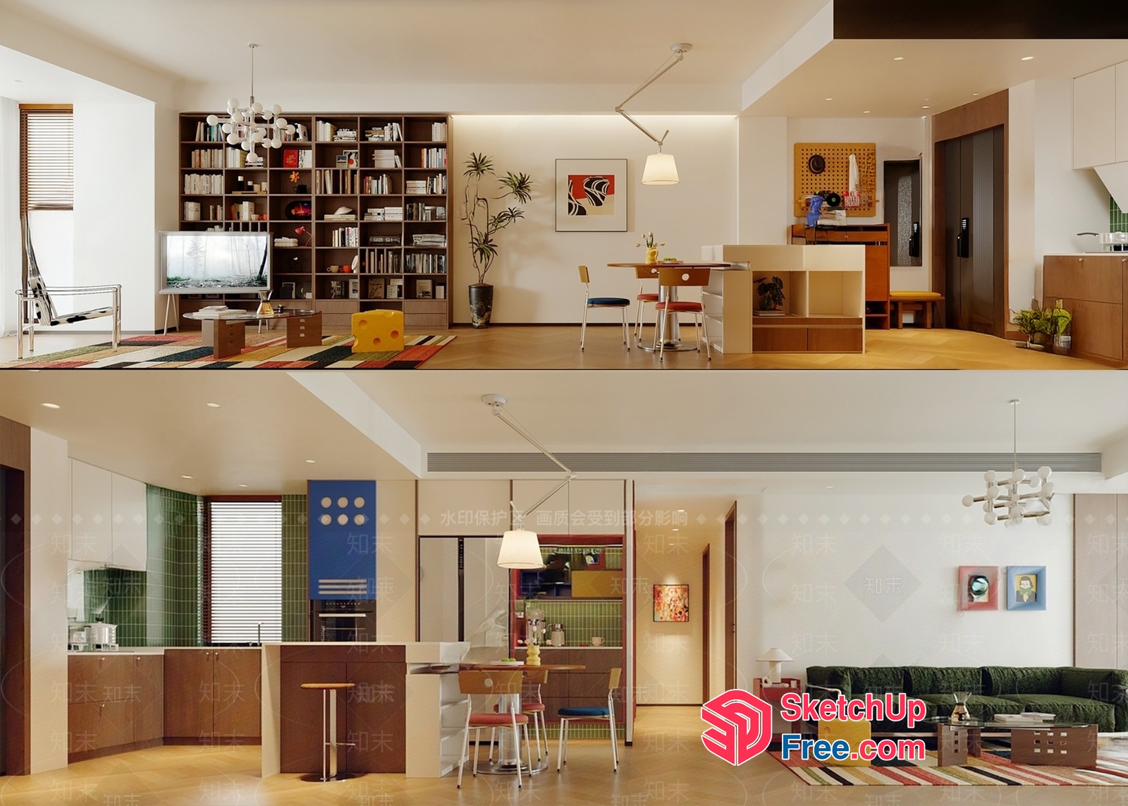 Modern Interior Design With Vibrant Color Scheme And Natural Wood Accents 3D SketchUp File