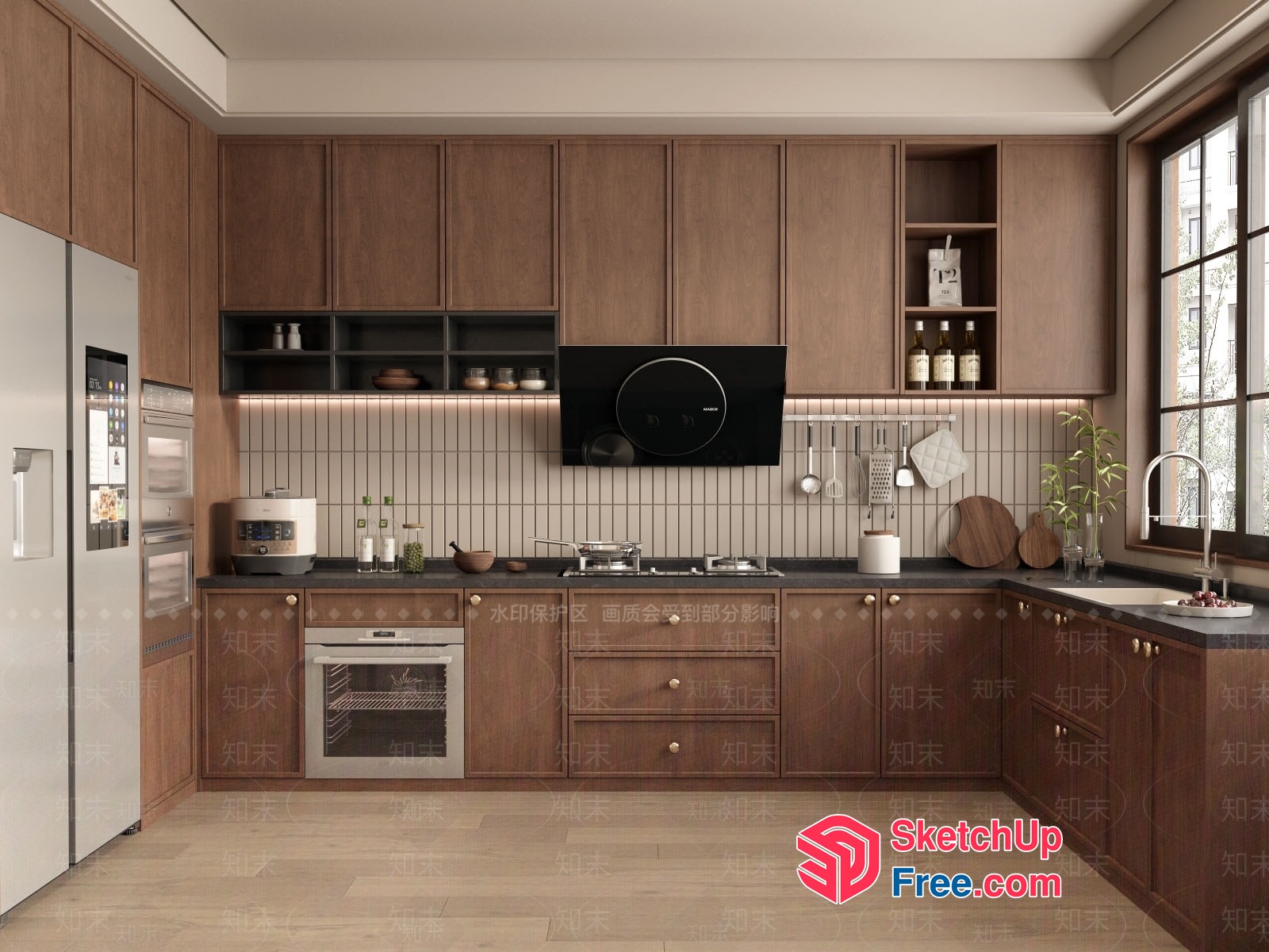 Modern Kitchen With Wood Cabinets And Black Countertops 3D SketchUp File