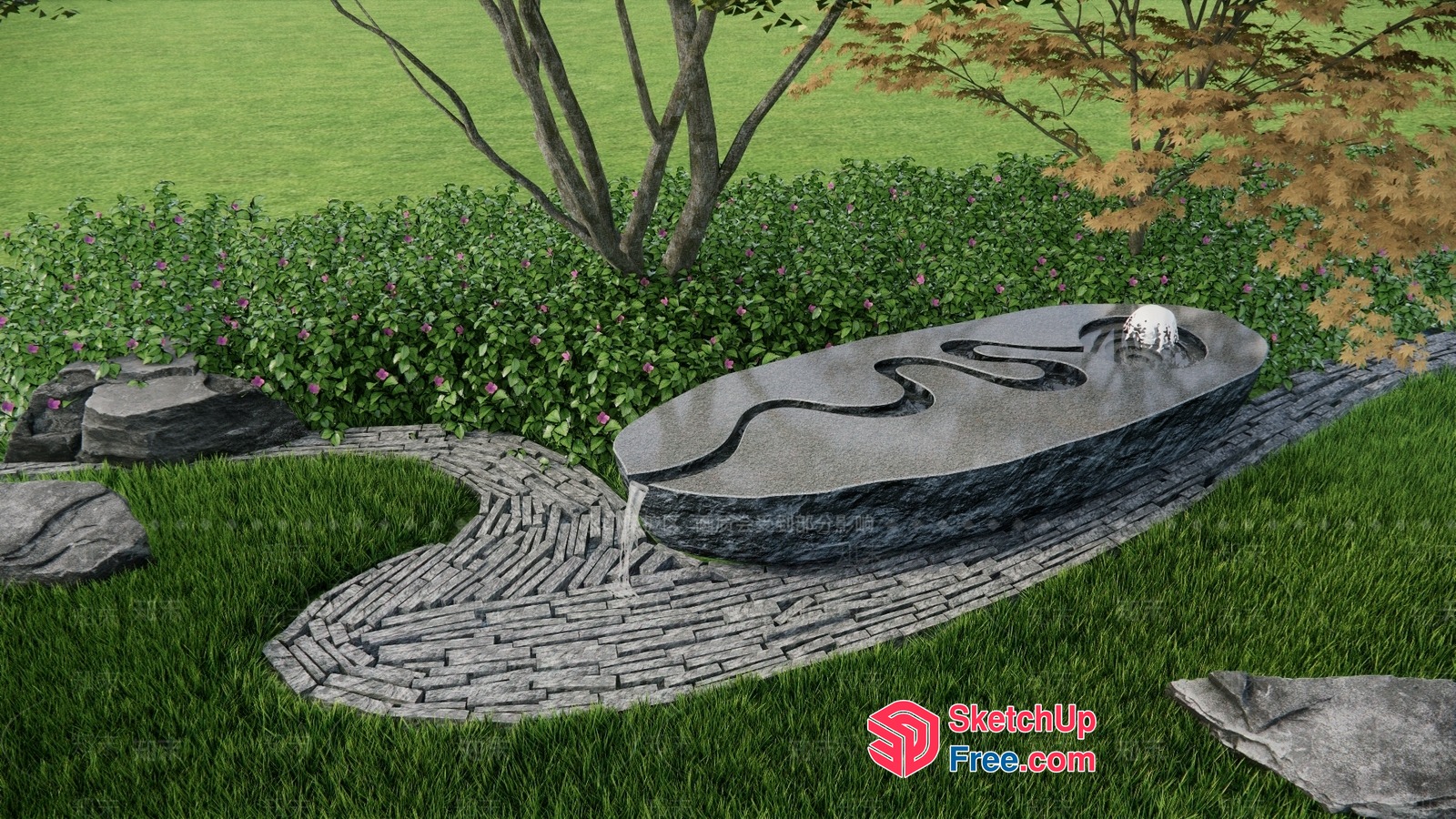 Japanese Style Garden With Stone Path And Water Feature 3D SketchUp File