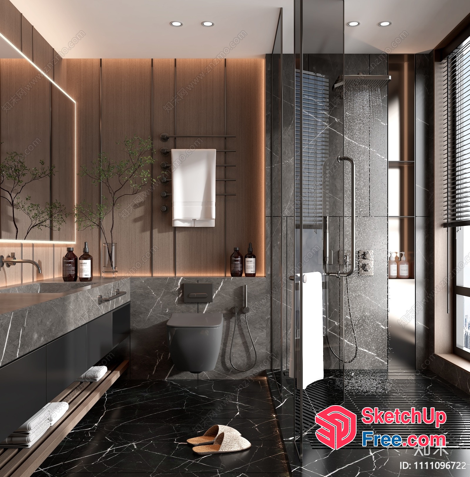 Modern Bathroom With Marble Flooring And Wood Paneling 3D SketchUp File