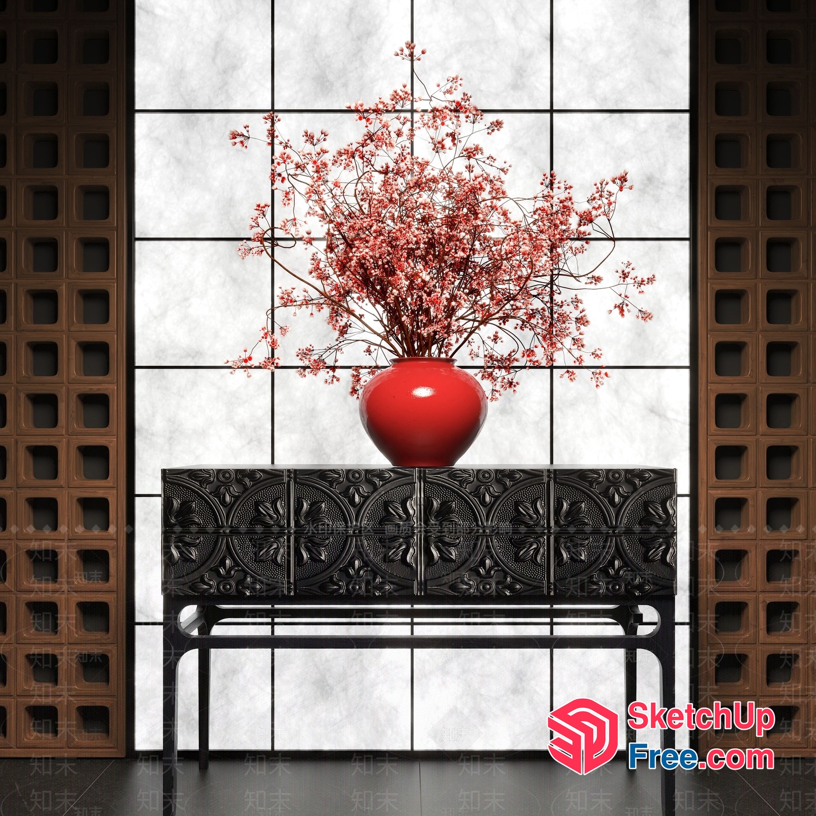 Black Console Table With Ornate Carvings And Red Vase 3D SketchUp File