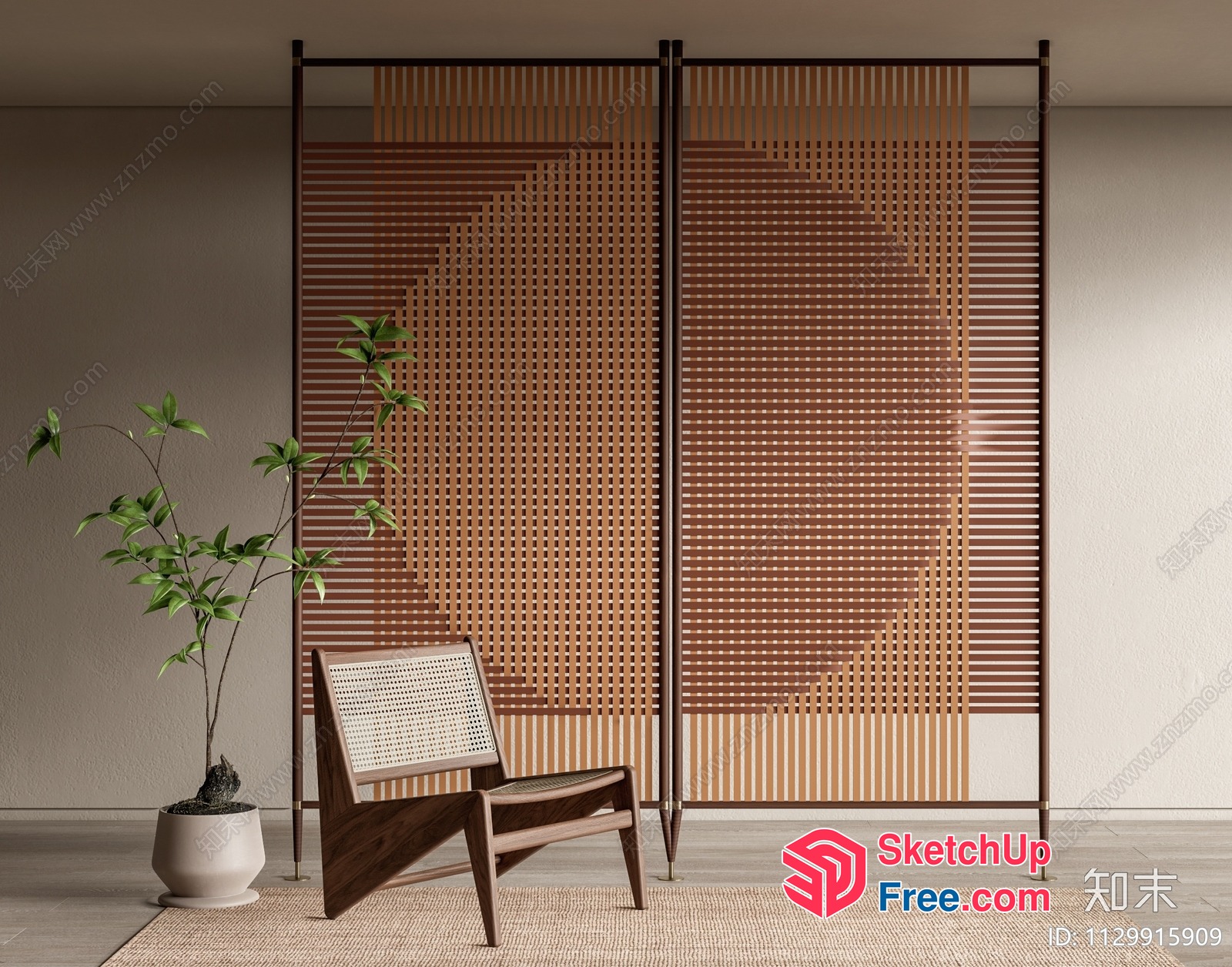 Modern Partition Screen With Natural Wood And Rattan 3D SketchUp File