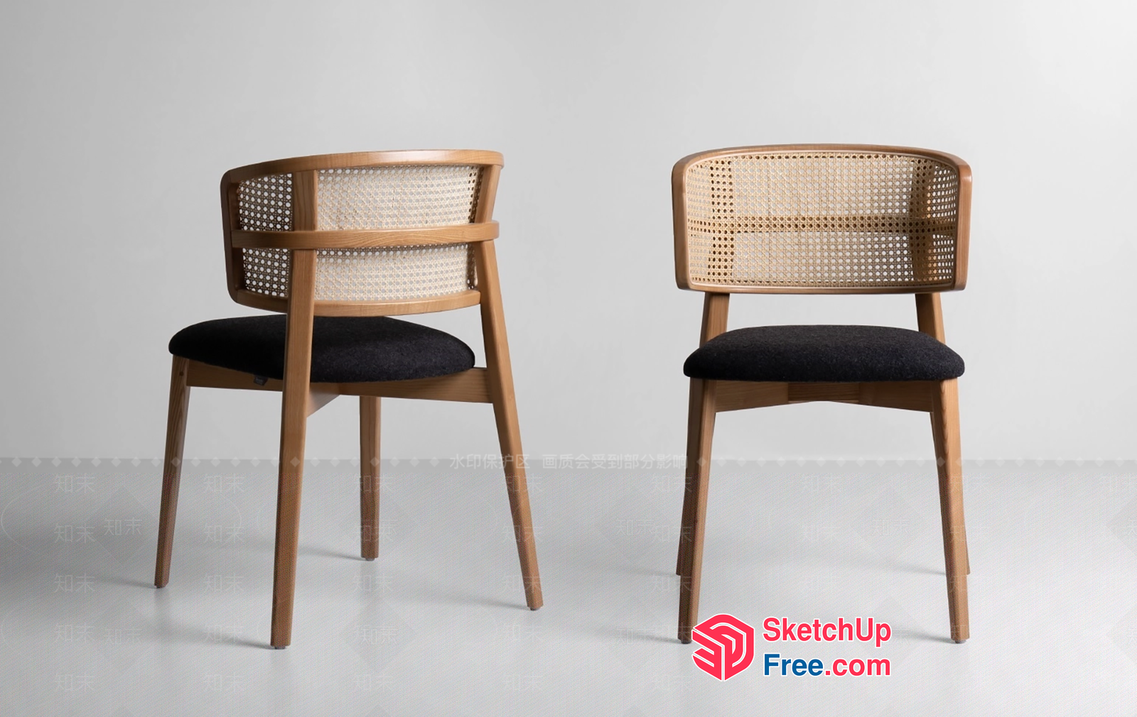 Modern Wooden Chairs With Cane Backrests And Black Cushions 3D SketchUp File