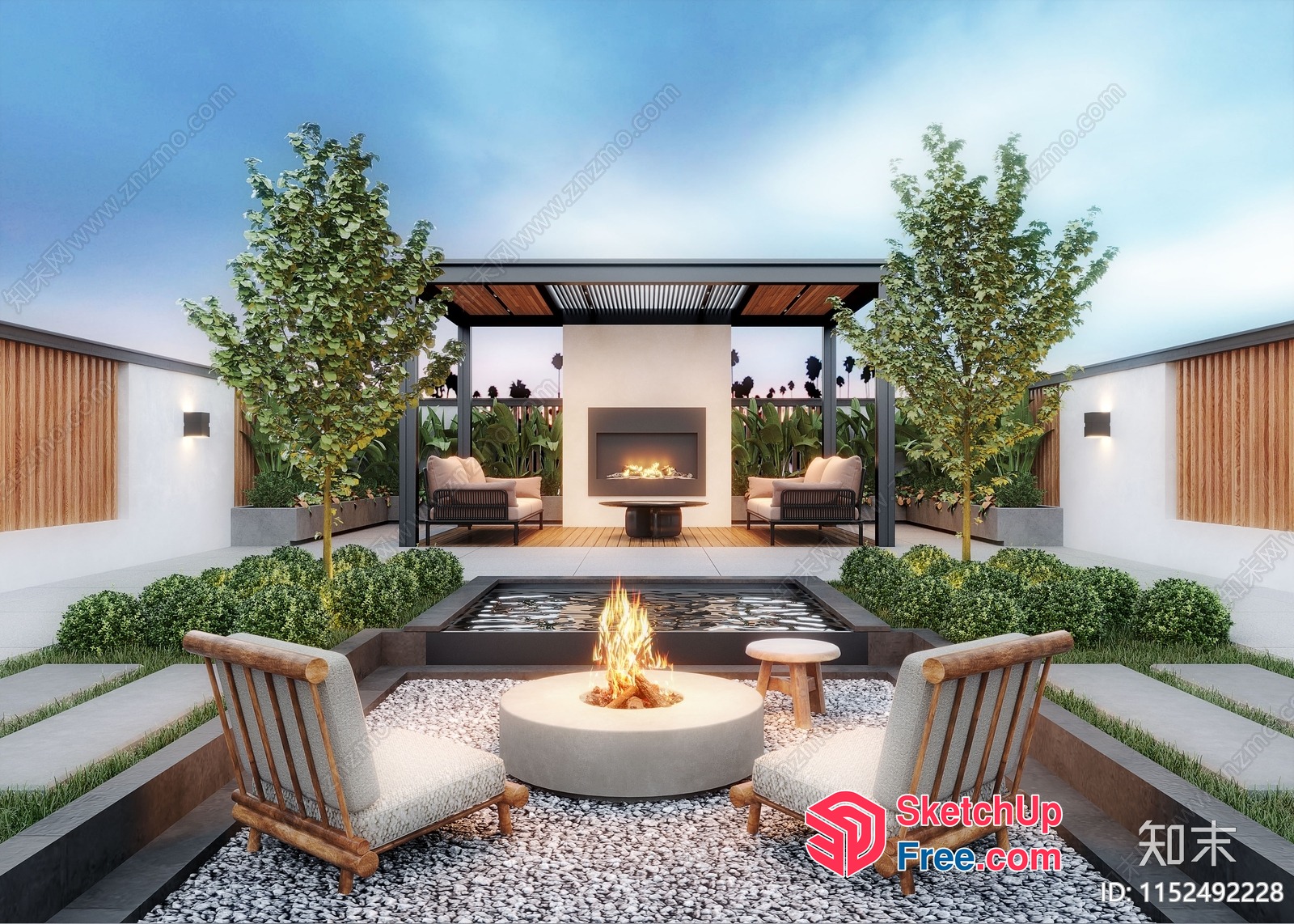 Modern Outdoor Living Space With Fireplace And Water Feature 3D SketchUp File