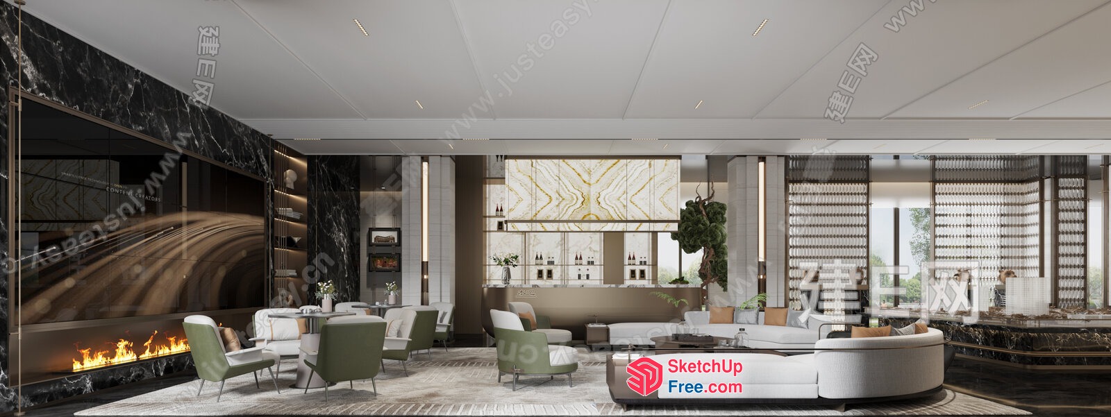 Modern Living Room With Fireplace And White Furniture 3D SketchUp File