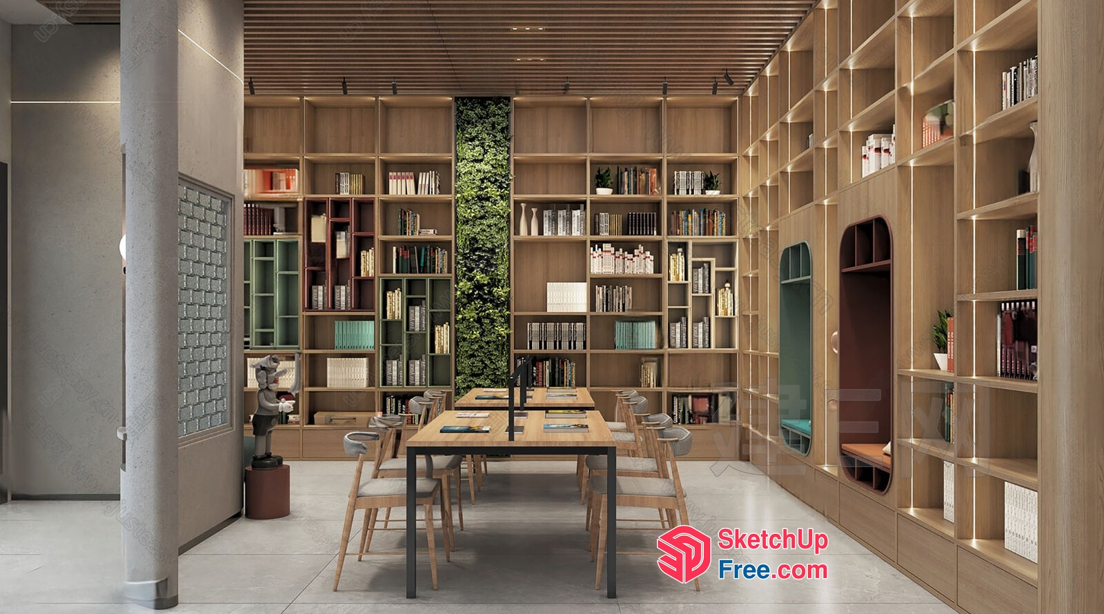 Modern Library Interior With Wooden Bookshelves And Tables 3D SketchUp File