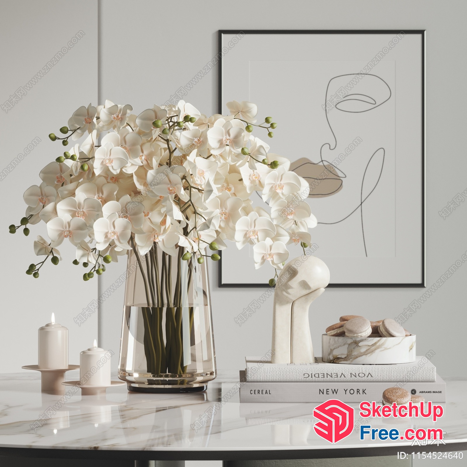 Elegant White Orchid Arrangement In Modern Minimalist Room 3D SketchUp File