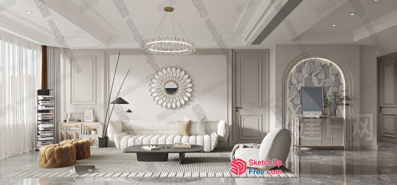 Elegant White Living Room With Creamy Style Accents 3D SketchUp File