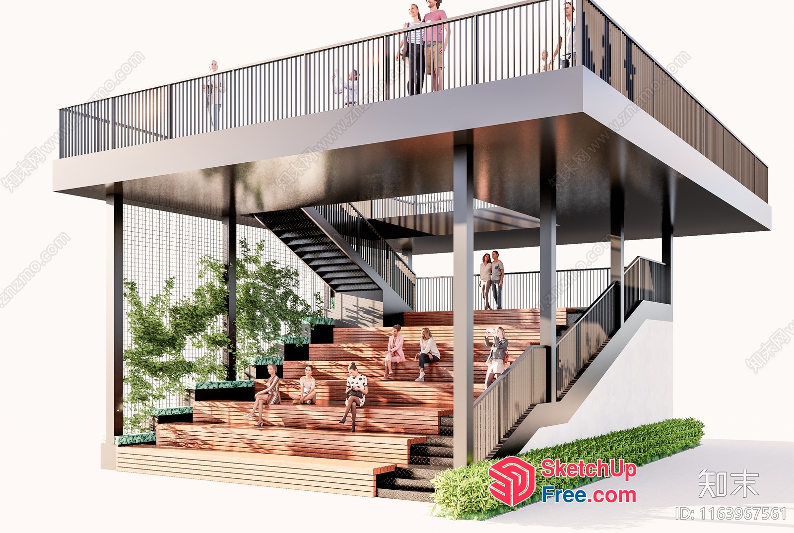 People Sitting On Stairs Under Elevated Walkway 3D SketchUp File