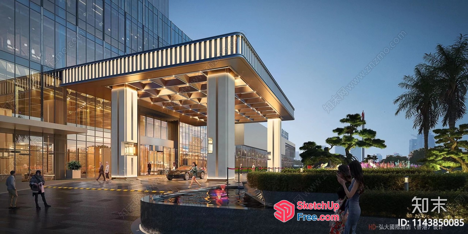 Modern Glass Building With Pillars And A Car 3D SketchUp File