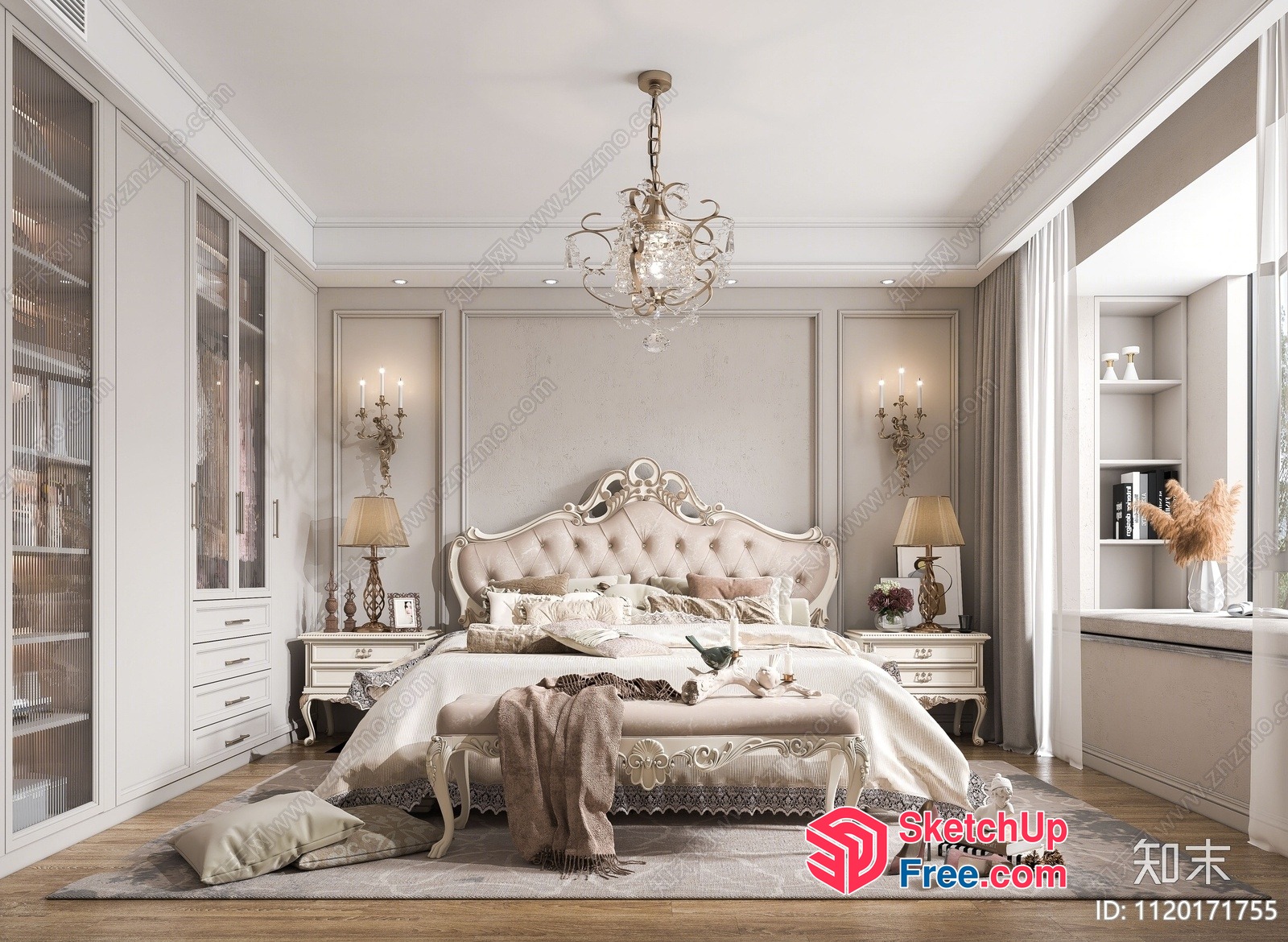 Luxurious Creamy Style European Bedroom Interior 3D SketchUp File
