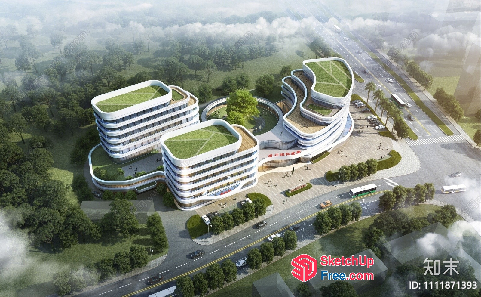 Modern Office Building With Curved Lines And Green Roof 3D SketchUp File
