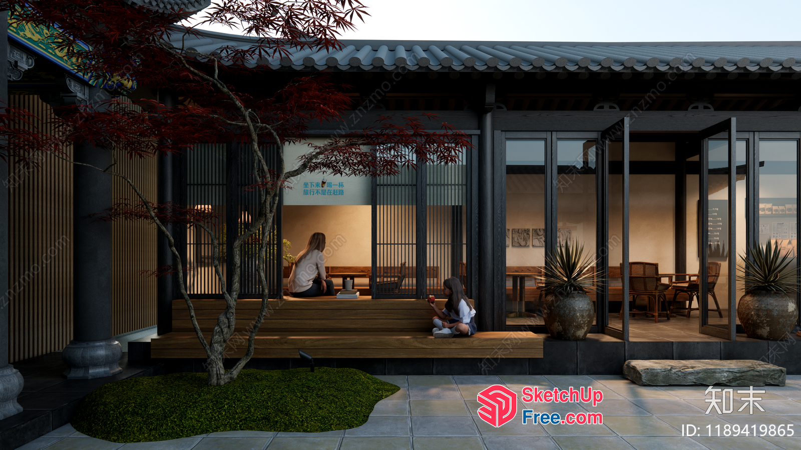Asian-Inspired Outdoor Seating Area With Traditional Architecture 3D SketchUp File