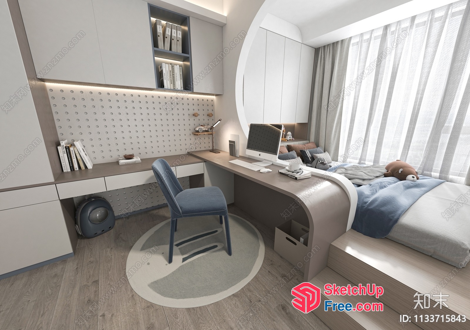 Modern Minimalist Bedroom With Curved Desk And Built-In Shelving 3D SketchUp File