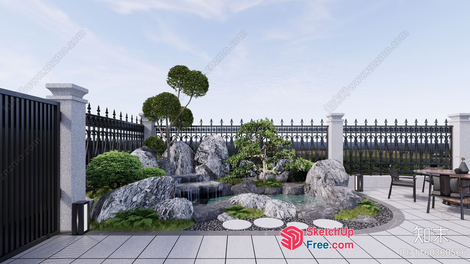 Japanese Style Garden With Waterfall And Stones 3D SketchUp File