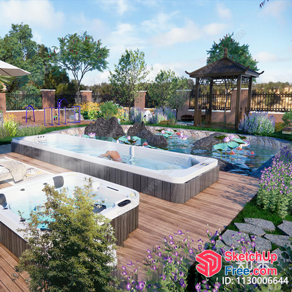 Serene Outdoor Oasis With Multiple Pools And Hot Tubs 3D SketchUp File