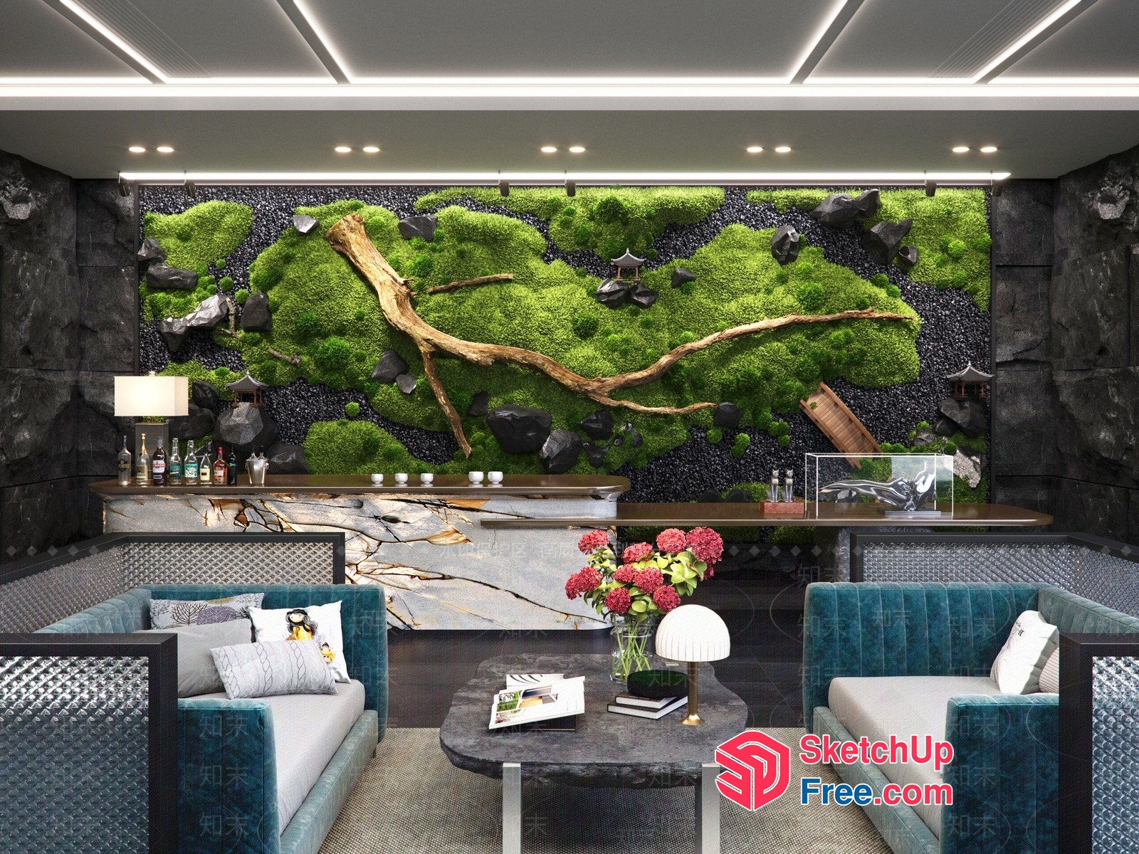 Luxurious Modern Living Room With Unique Green Wall 3D SketchUp File
