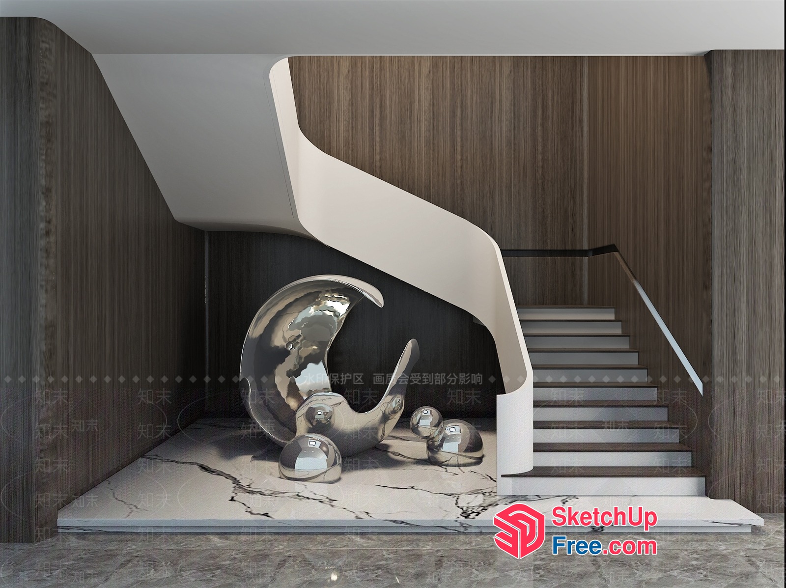 Sleek Modern Staircase Design With Curved Railing And Marble Floor 3D SketchUp File