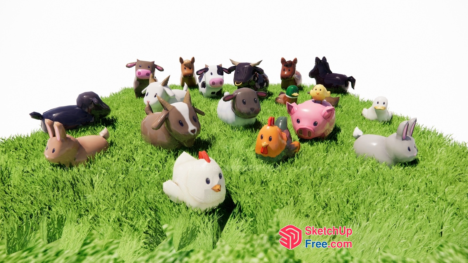 Colorful Farm Animals On A Lush Green Hill 3D SketchUp File