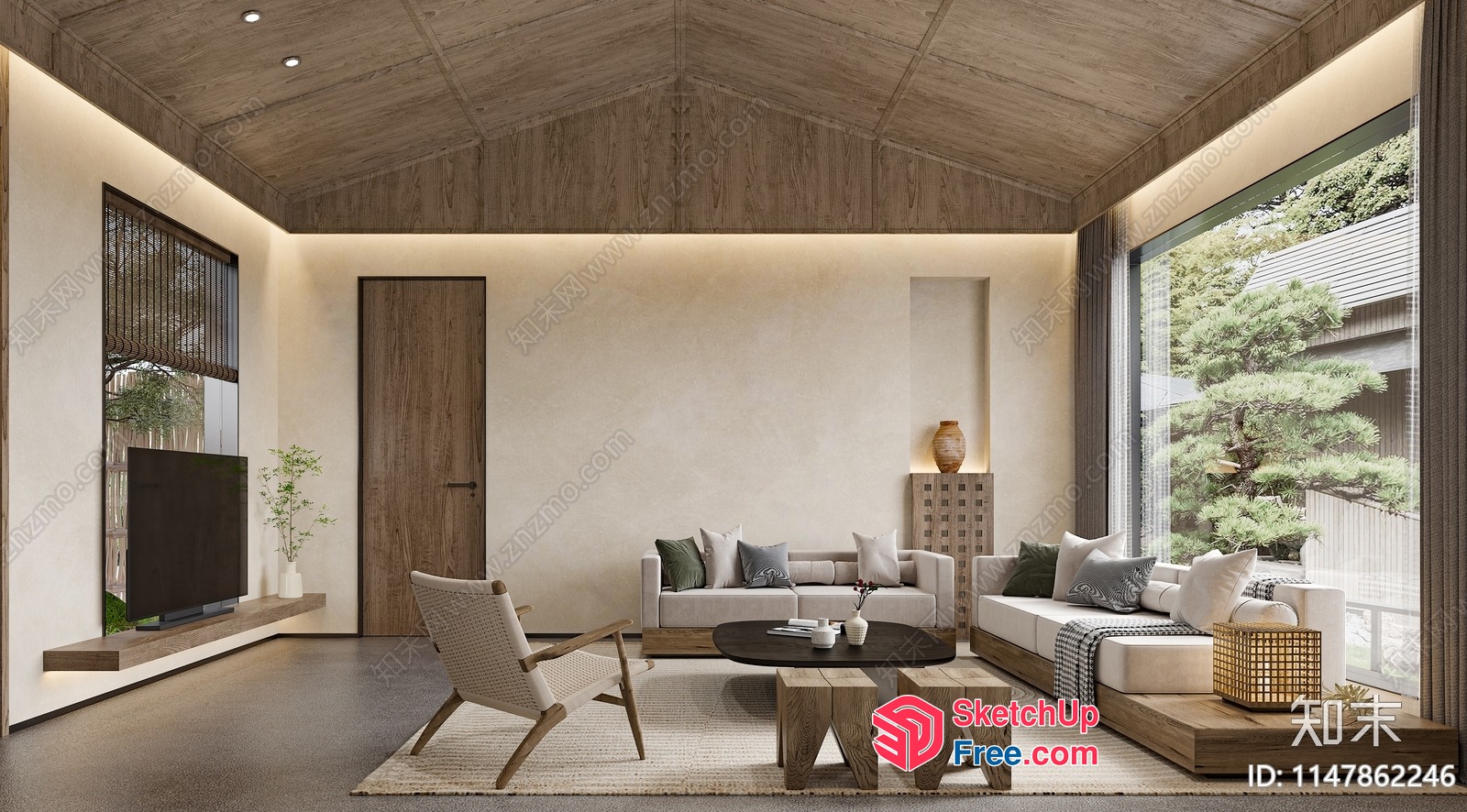 Modern Japanese-Style Living Room With Large Windows And Wooden Accents 3D SketchUp File