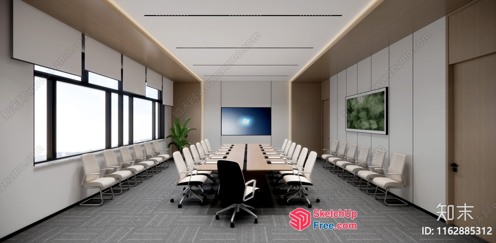 Long Conference Table And Chairs In A Modern Office 3D SketchUp File