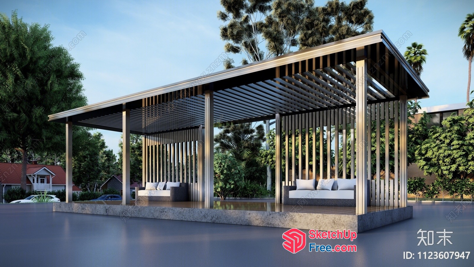 Outdoor Pavilion With Sleek Roof And Modern Furniture 3D SketchUp File