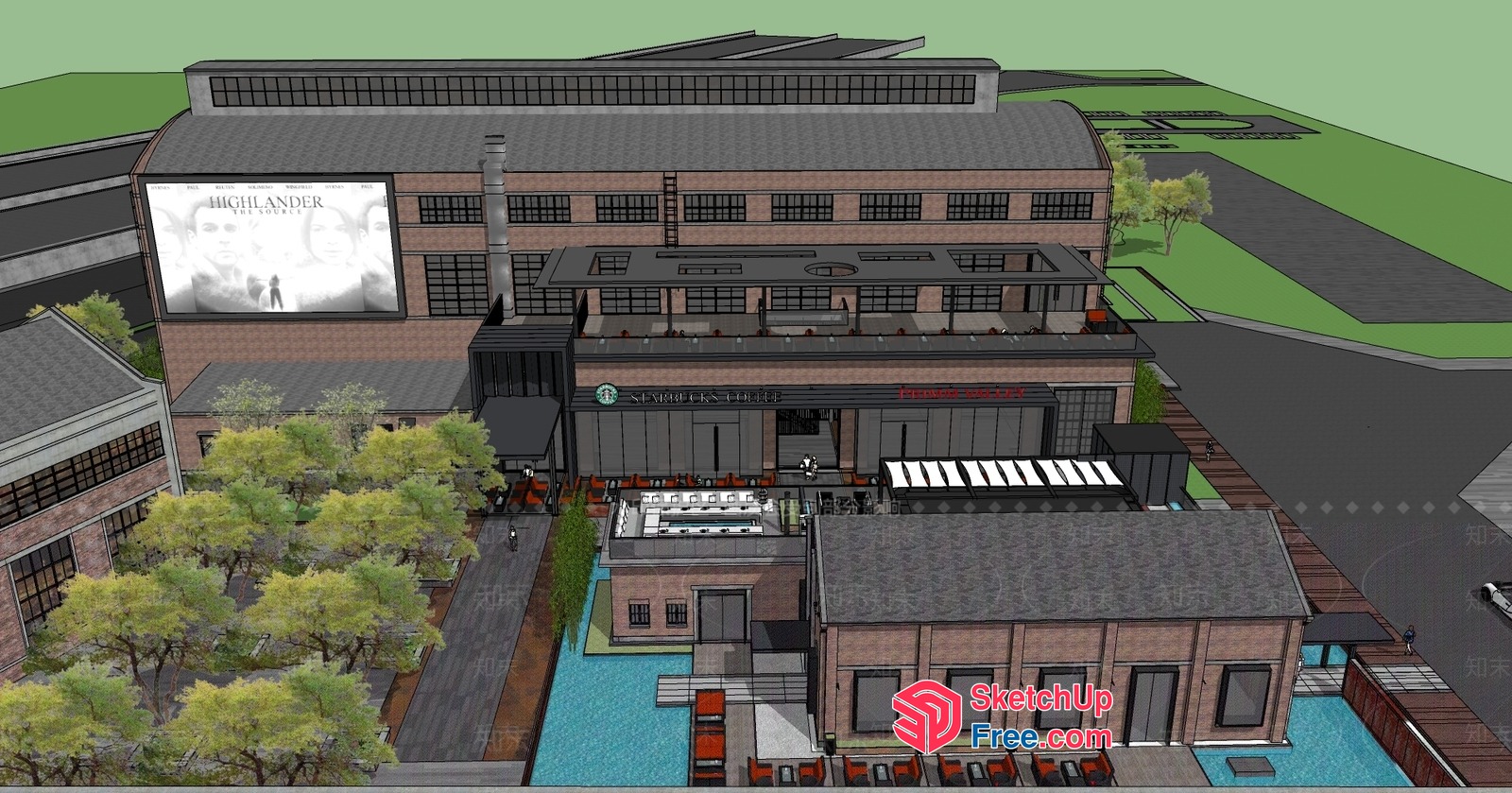 Exterior Commercial Building With Pool And Rooftop 3D SketchUp File