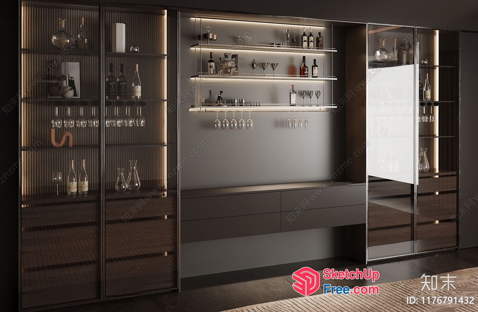 Modern Bar And Storage Space With Glass Doors And Shelves 3D SketchUp File