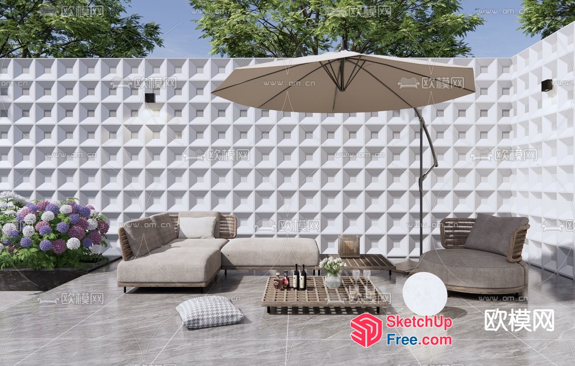 Modern Outdoor Lounge Area With Unique White Wall 3D SketchUp File