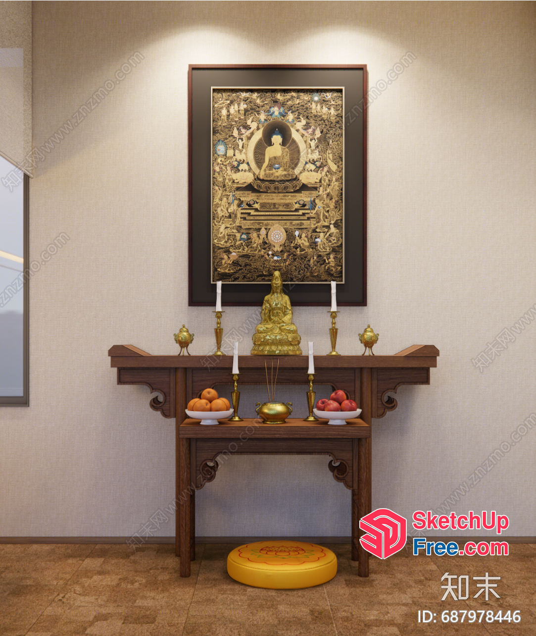 Decorative Asian-Inspired Altar With Buddha Statue And Fruits 3D SketchUp File