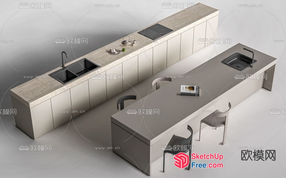 Modern Kitchen Island With Double Sink 3D SketchUp File