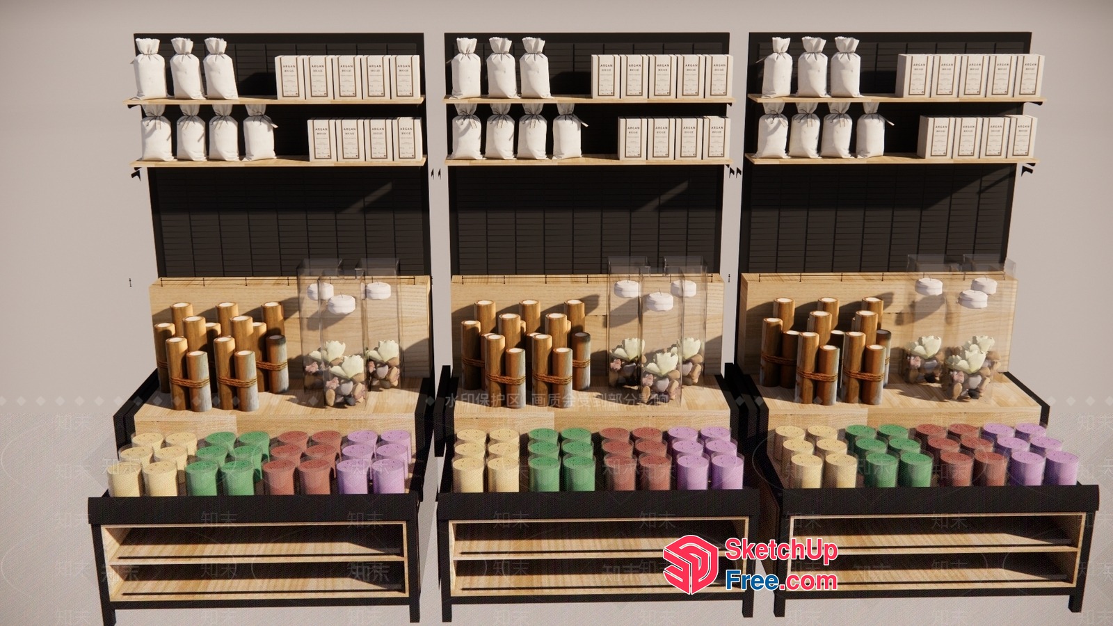 Colorful Cylindrical Objects On Wooden Shelves 3D SketchUp File