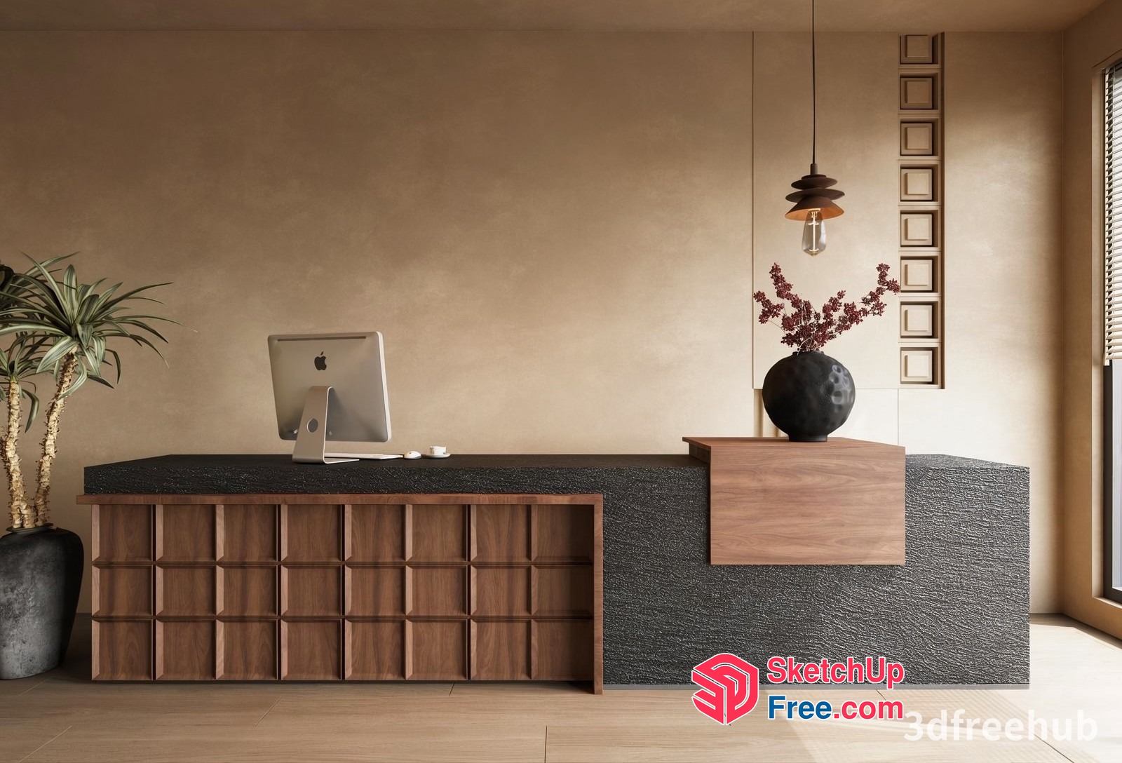 Modern Office Reception Desk With Apple Computer And Potted Plant 3D SketchUp File