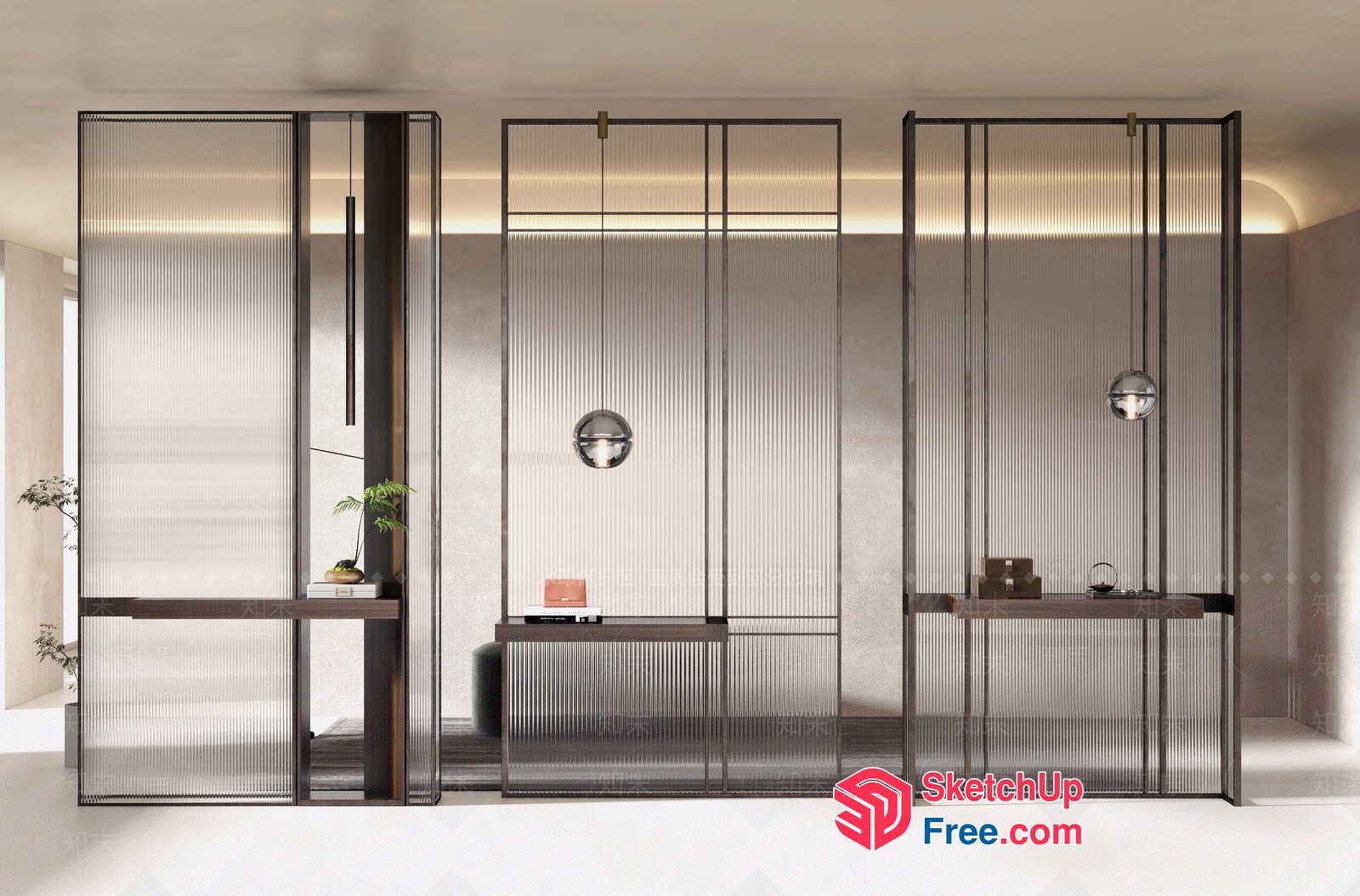 Modern Glass Partition Screen With Minimalist Decor 3D SketchUp File