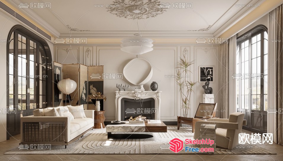 Modern European-Style Living Room With Fireplace 3D SketchUp File