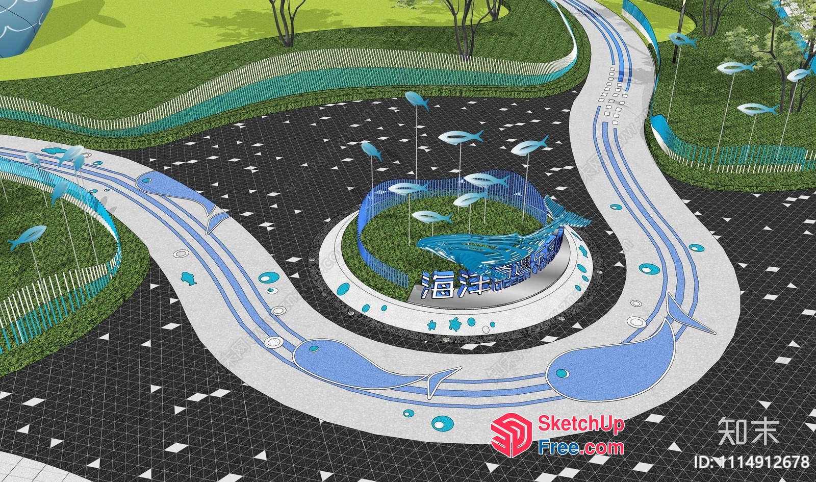 Whimsical Blue And White Fish-Shaped Roadway 3D SketchUp File