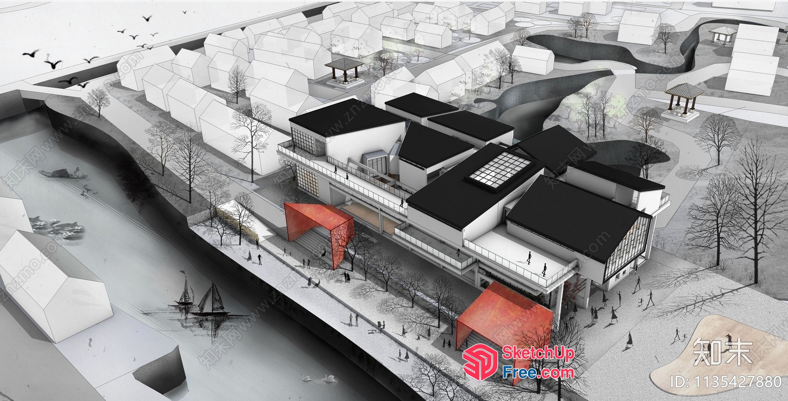 Architectural Rendering Of Modern Building With Stairs And Red Atrium 3D SketchUp File