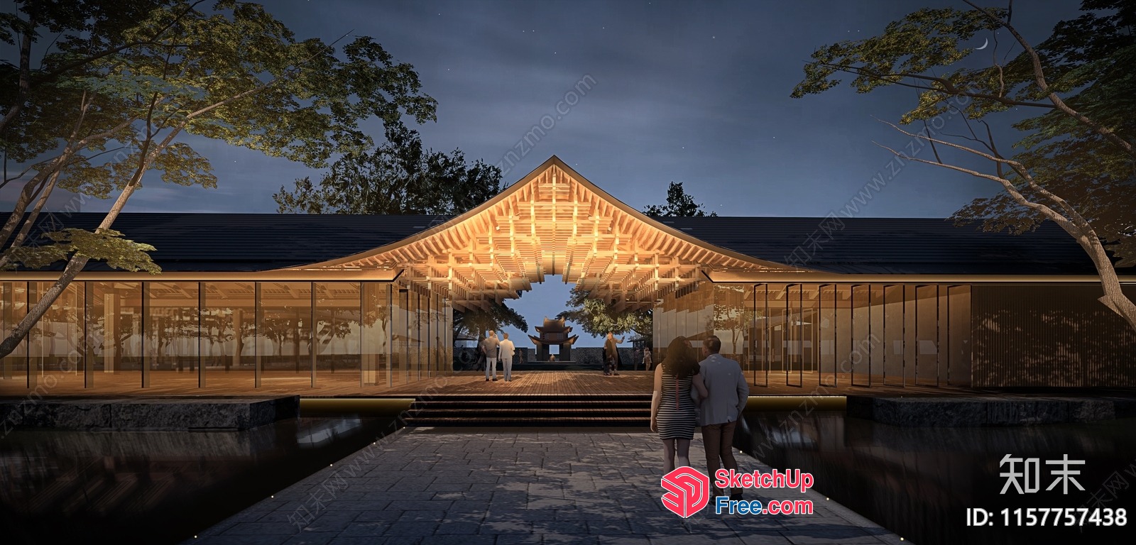 Modern Japanese-Style Building With Glass Curtain Wall And Roof Synthesis 3D SketchUp File