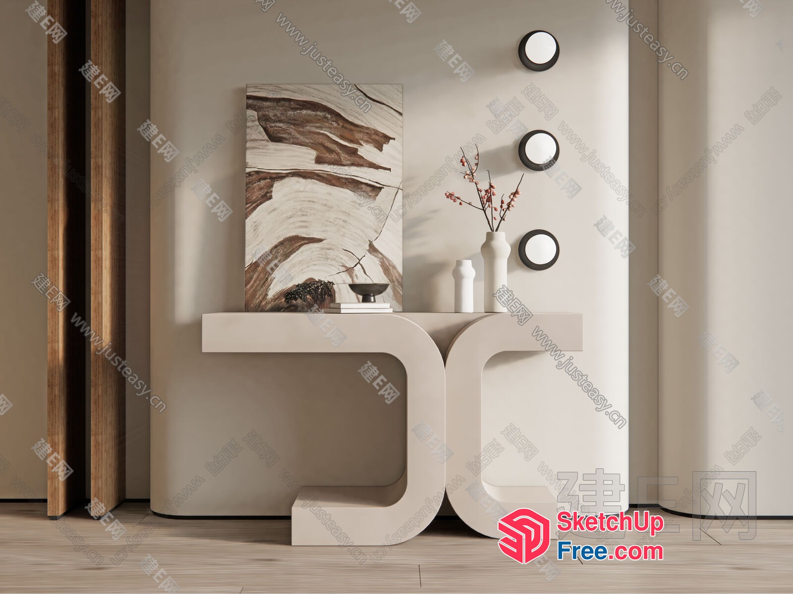 Modern Minimalist White Console Table With Artistic Wall Decor 3D SketchUp File