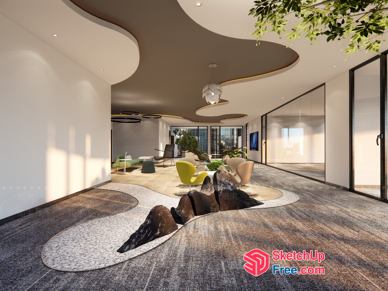 Modern Japanese-Style Office Interior With Natural Elements 3D SketchUp File