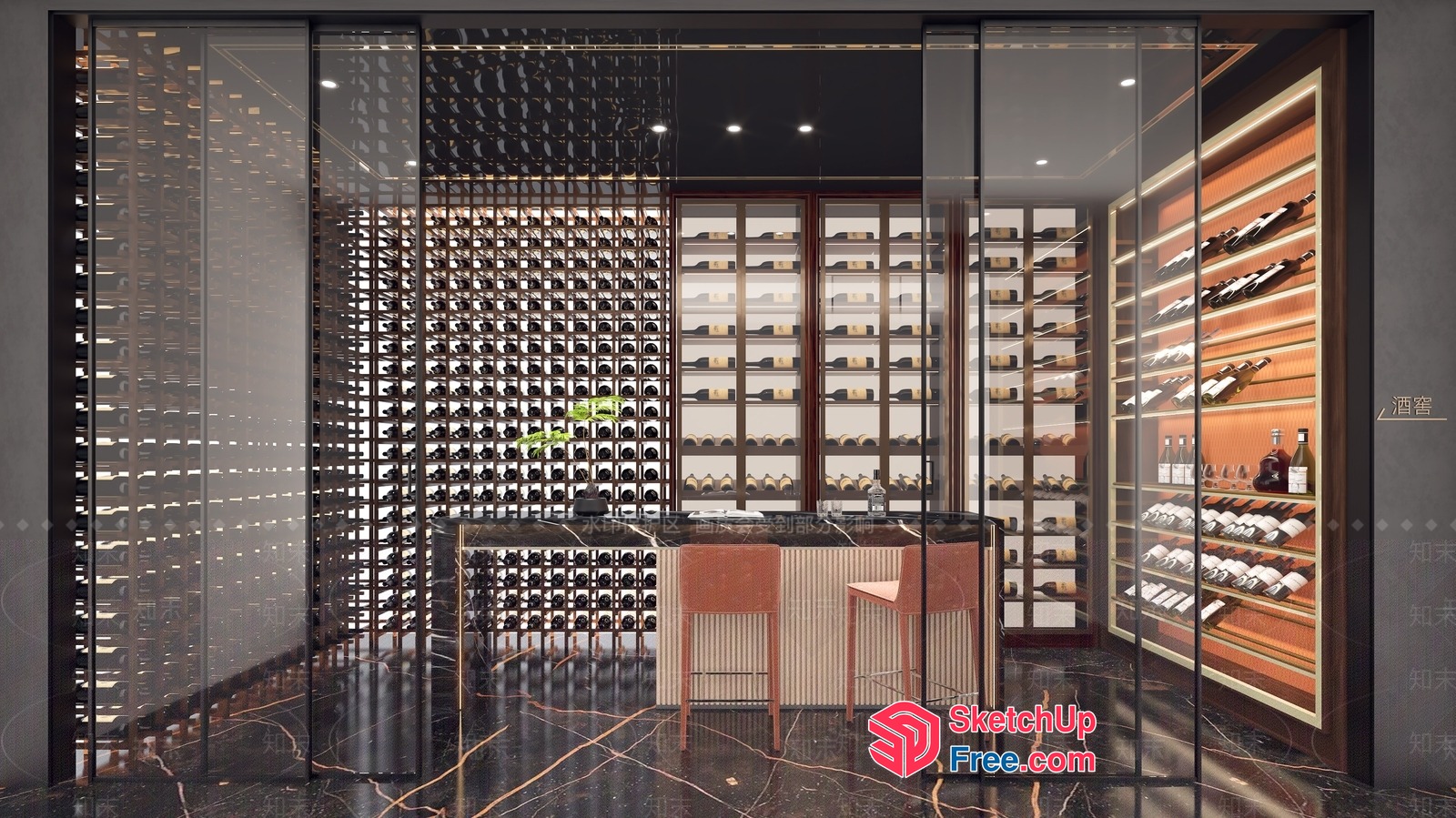 Luxurious Wine Cellar With Elegant Lighting And Seating 3D SketchUp File