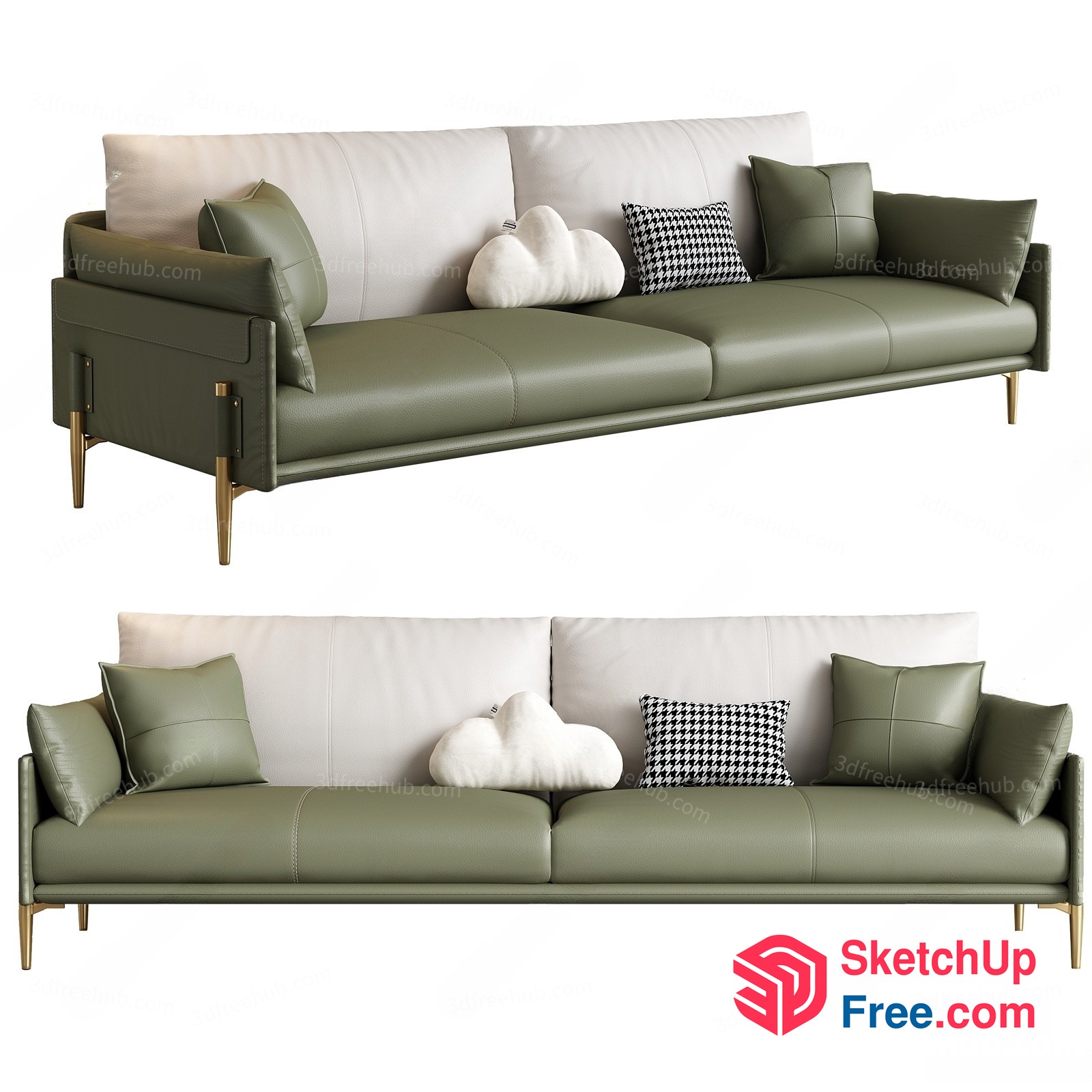 Stylish Green Leather Sofa With Pillows 3D SketchUp File