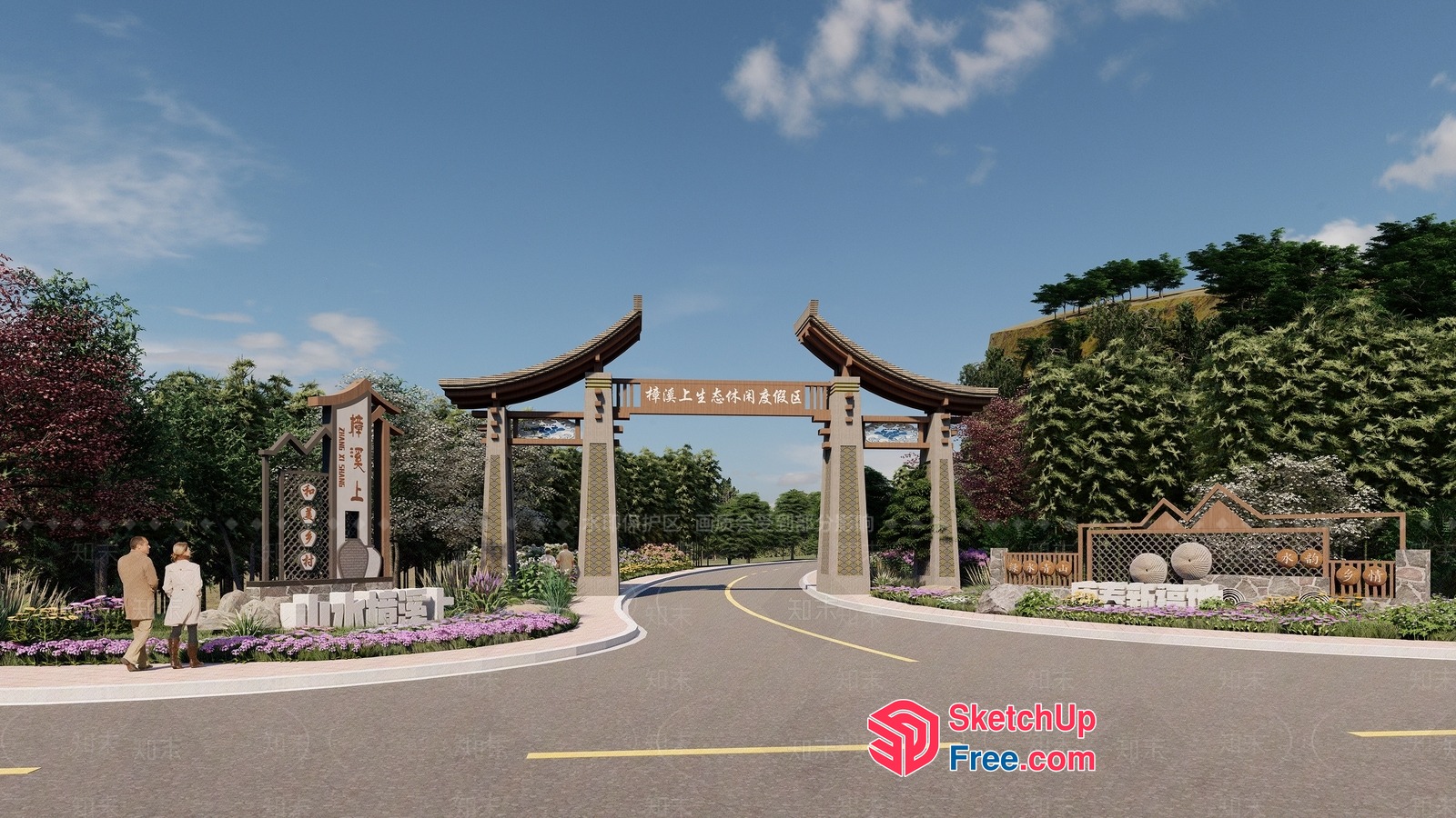 Traditional Chinese Entrance With Ornate Pillars And Sign 3D SketchUp File