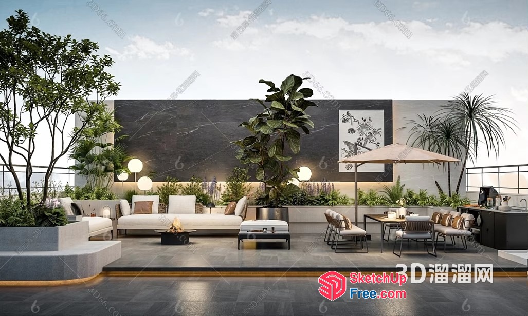 Modern Outdoor Space With Elegant Furniture And Greenery 3D SketchUp File