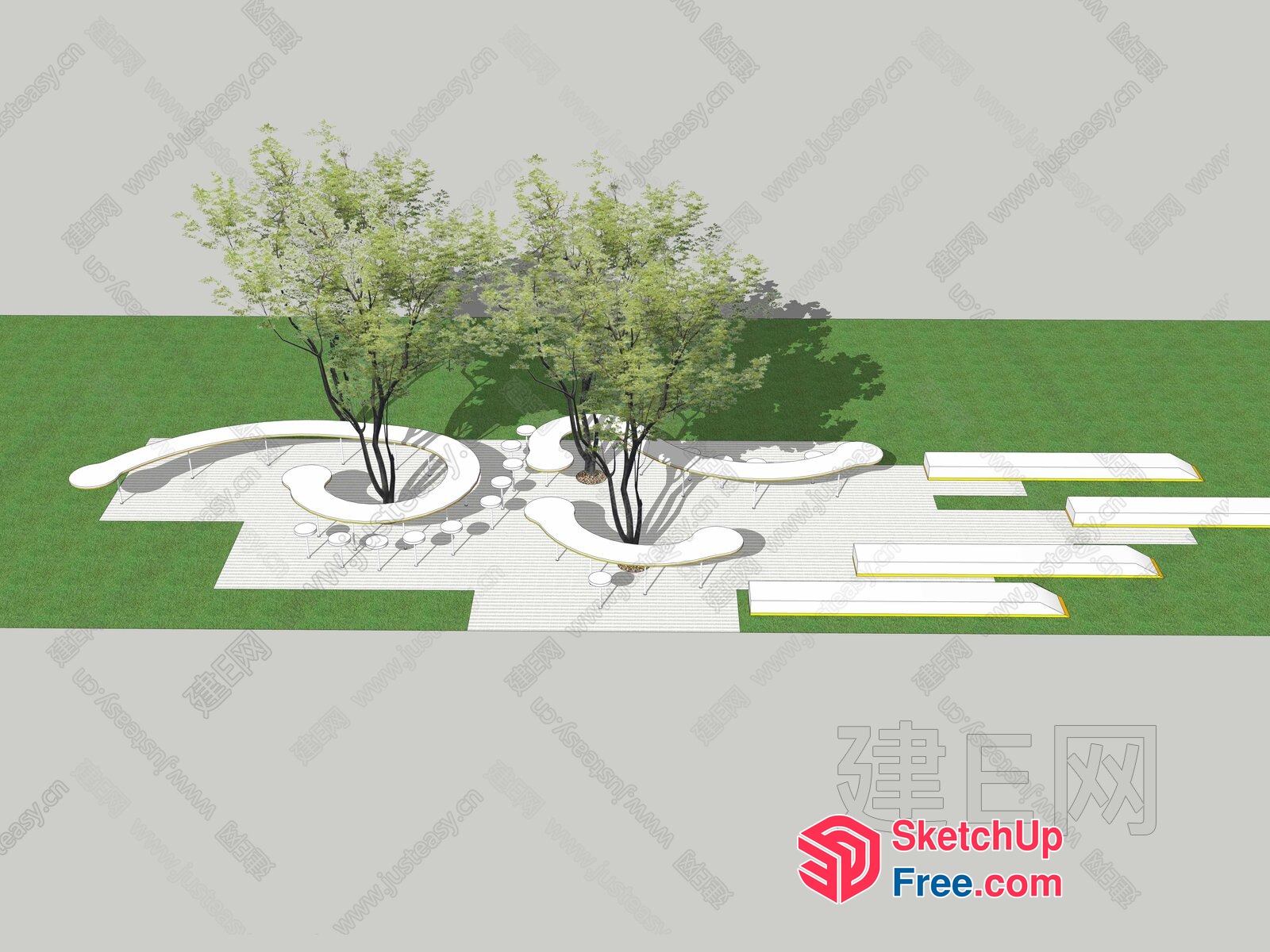 Modern Outdoor Seating Area With Trees And White Furniture 3D SketchUp File