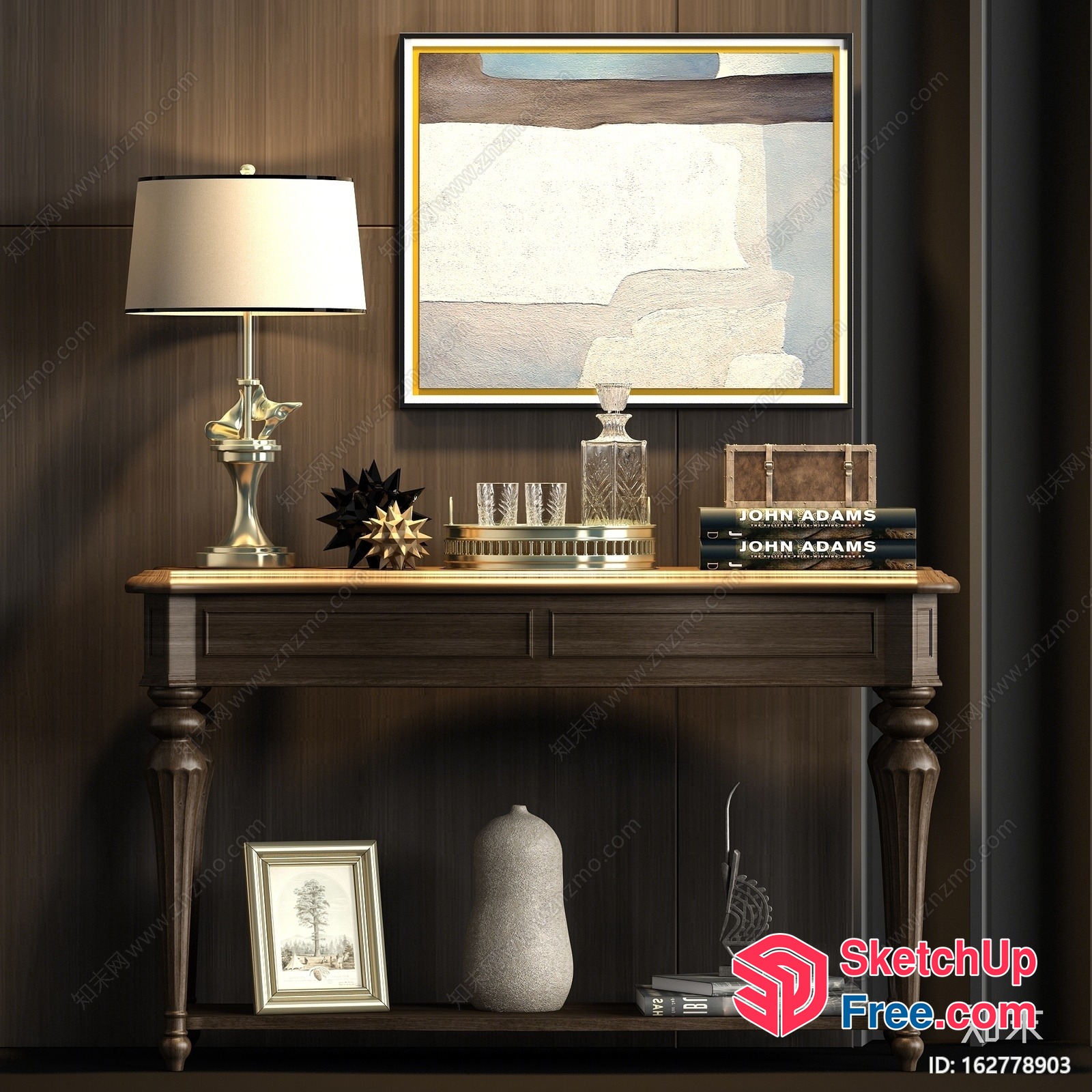 Elegant Brown Wooden Console Table With Decorative Items 3D SketchUp File
