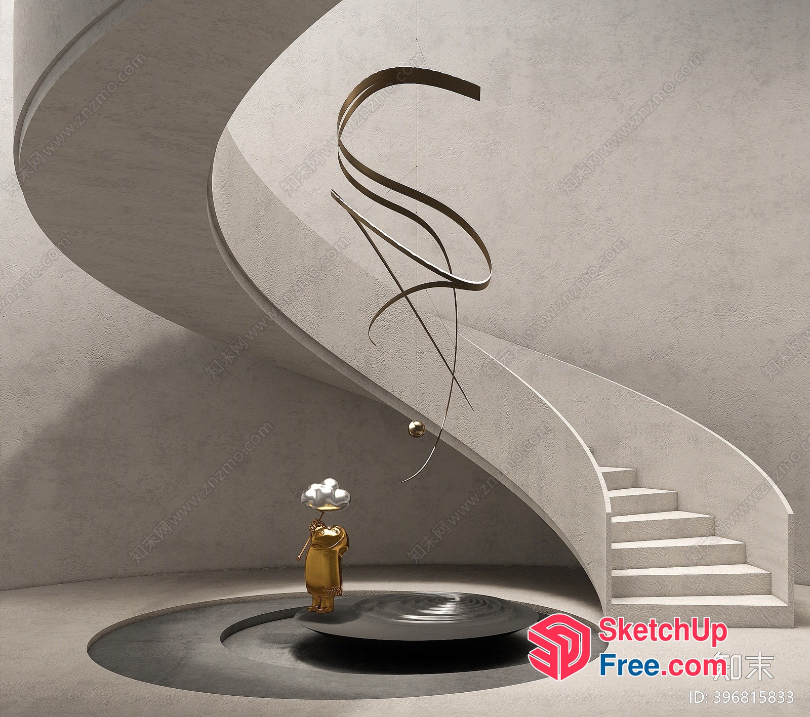 Elegant Modern Staircase With Suspended Sculpture And Small Figure 3D SketchUp File