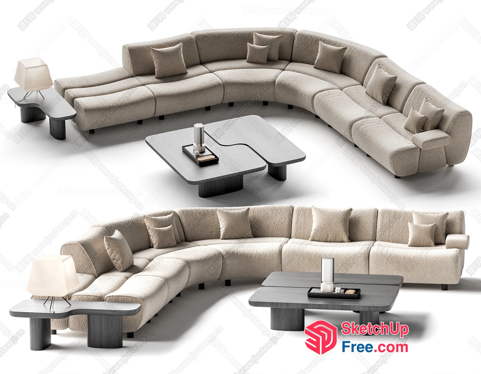 Curved Sofa Arrangement With Pillows And Tables 3D SketchUp File